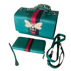 Queen Bee Purse Handbag Crossbody Vegan Leather w/ Wallet Green‎ Bumblebee